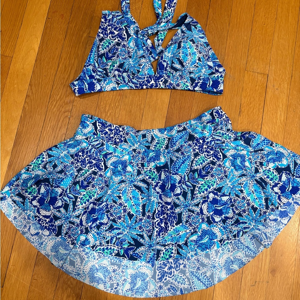 Blue Floral Bikini Top and Skirt Swim Set
